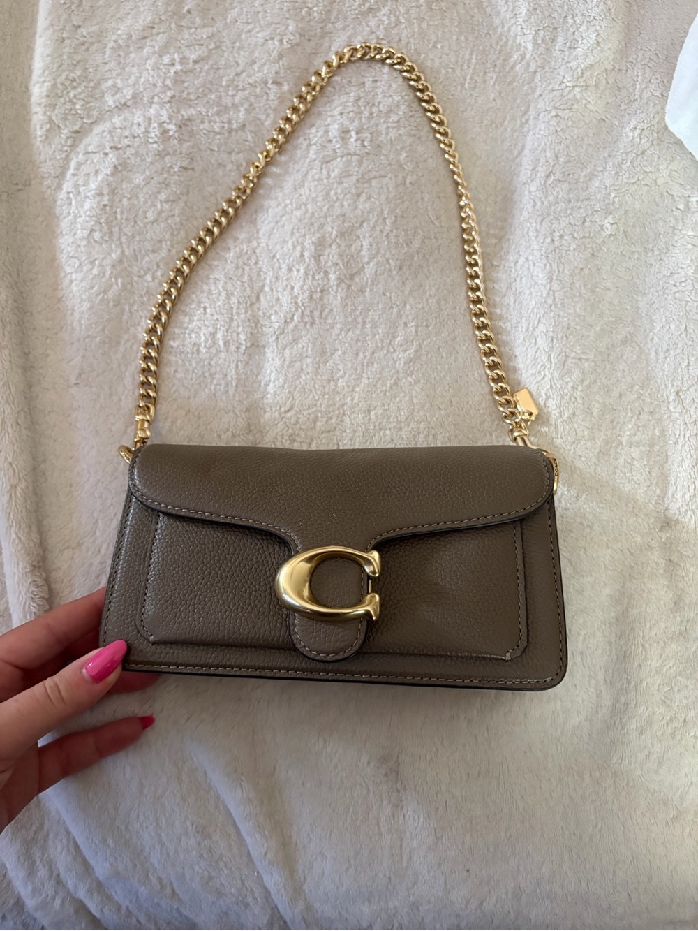 Coach Taupe Pebbled Leather Shoulder Bag with Gold Chain